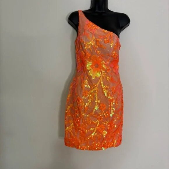 One-Shoulder Bright Orange Short Sequin Cocktail Dress - Size 4 - NWT - Picture 1 of 11